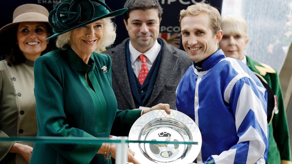 Queen Camilla with Christopher Head and Aurelien Lemaitre after Big Rock's victory in the QEII Stakes
