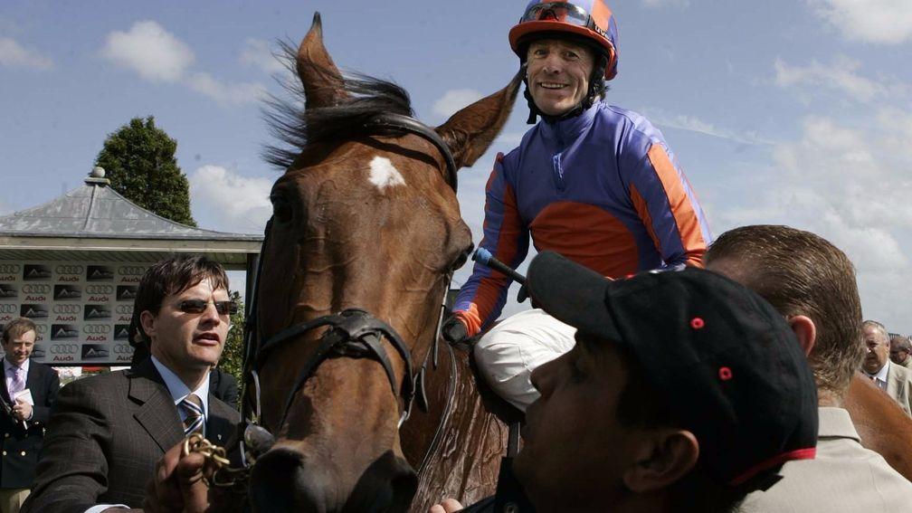 Kieren Fallon is all smiles after winning the Pretty Polly Stakes on Peeping Fawn