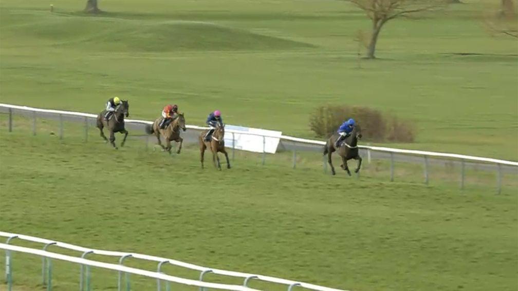 Minella Tara (third) is a long way behind the leader approaching the last at Southwell