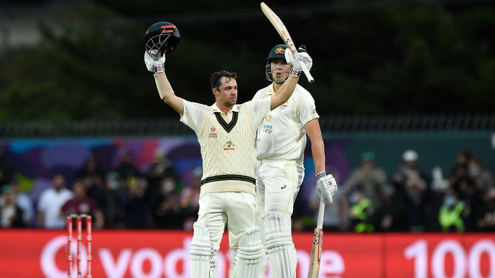 Travis Head celebrates his century on day one of the fifth Ashes Test
