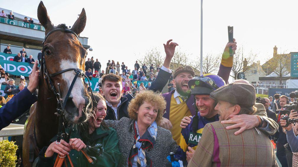Lucinda Russell, Peter Scudamore and jockey Derek Fox had cause to celebrate with Corach Rambler at Aintree on Saturday