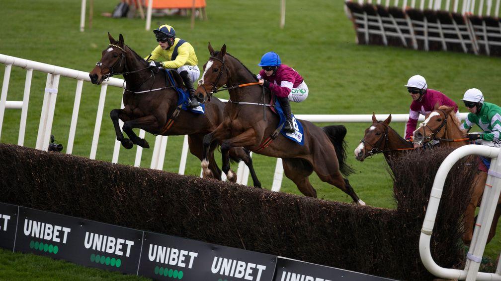 Mount Pelier (yellow and navy): jumps the first alongside Grade 1 winner Notebook in the 2019 Elliott Group Craddockstown Novice Chase
