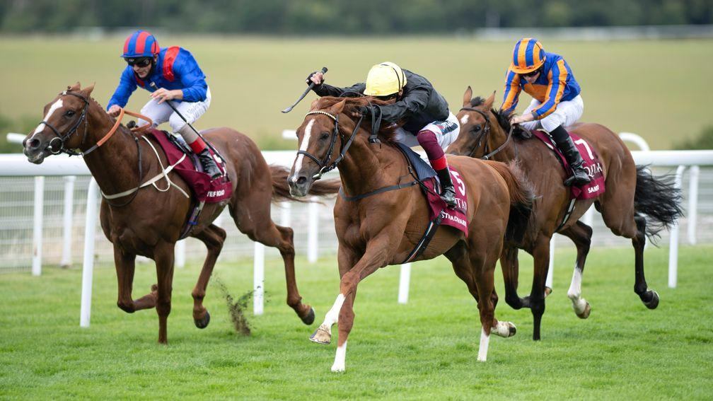 Stradivarius (nearside) displays a terrific burst of speed to capture the 2020 Al Shaqab Goodwood Cup from Nayef Road and Santiago