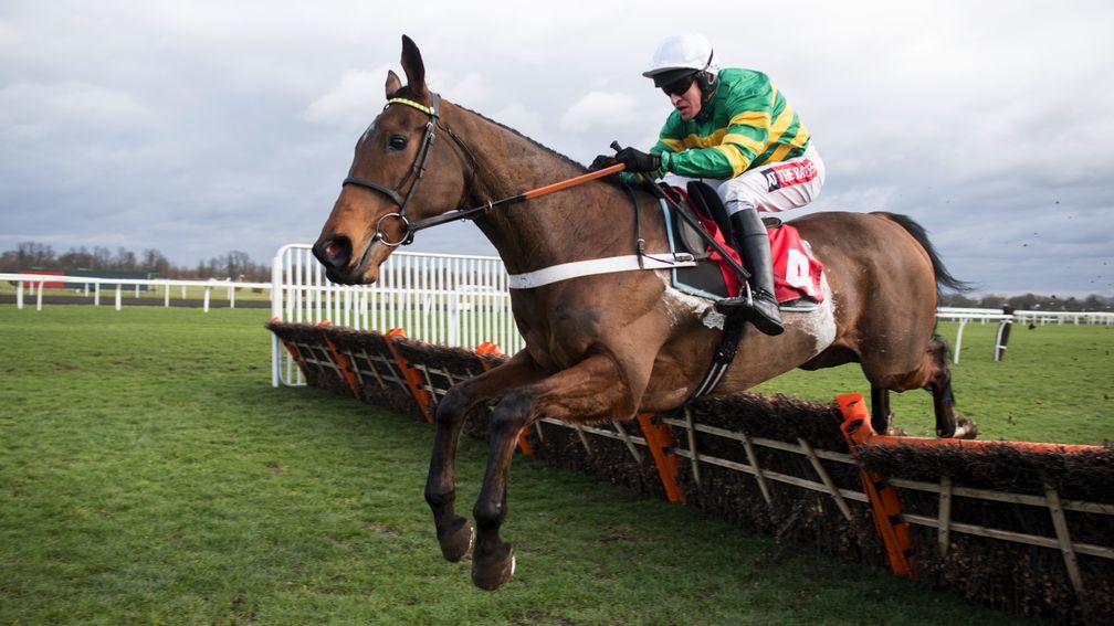 Smart novice: Ok Corral, the mount of Barry Geraghty, jumps the last ight on the way to victory in the 2m5f novices’ hurdle for Nicky Henderson