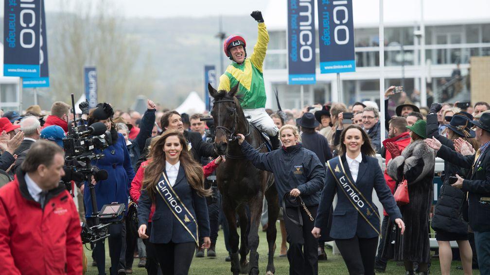 Robbie Power celebrates landing the Timico Gold Cup on Sizing John for Jessica Harrington