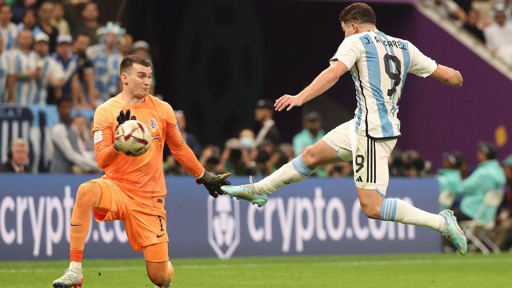 Argentina's Julian Alvarez scores his first goal against Croatia