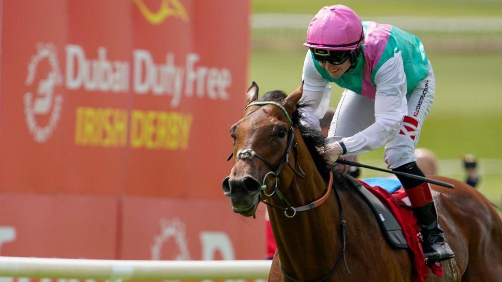 KILDARE, IRELAND - JUNE 25: Colin Keane riding Westover (pink cap) win The Dubai Duty Free Irish Derby at Curragh Racecourse on June 25, 2022 in Kildare, Ireland. (Photo by Alan Crowhurst/Getty Images)