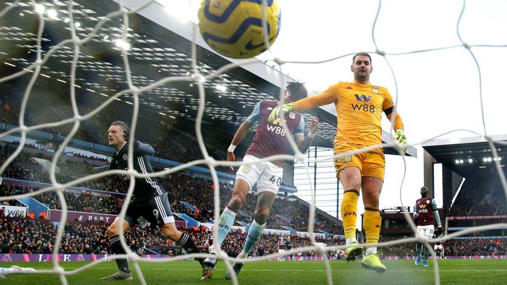 Leicester's Jamie Vardy celebrates after scoring at Aston Villa