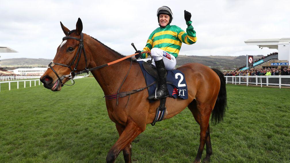 CHELTENHAM, ENGLAND - MARCH 14: Barry Geraghty on board Defi Du Seuil after the victory for the JLT Novices' Chase race during St Patrick's Thursday at Cheltenham Racecourse on March 14, 2019 in Cheltenham, England. (Photo by Michael Steele/Getty Images)