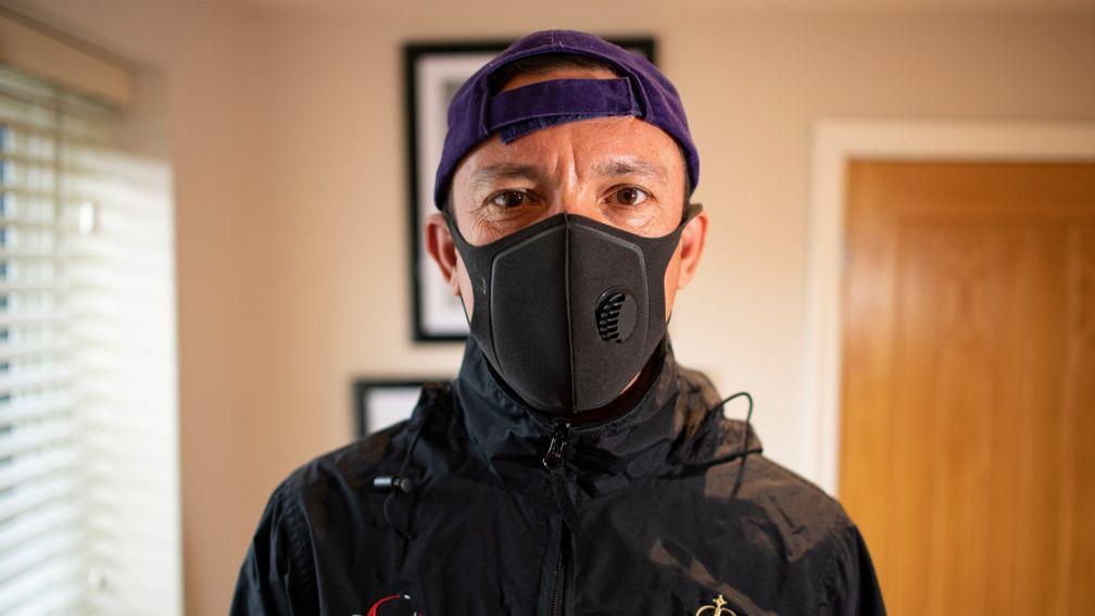 Frankie Dettori puts on his exercise clothing ahead of a gruelling 1 hour on the treadmill in his gym at home near Newmarket 23.5.20Pic: Edward Whitaker