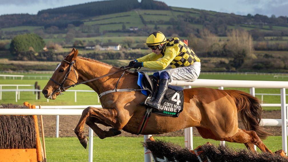 State Man and Paul Townend clear the last when winning the Gr.1 Morgiana Hurdle. Punchestown.Photo: Patrick McCann/Racing Post20.11.2022