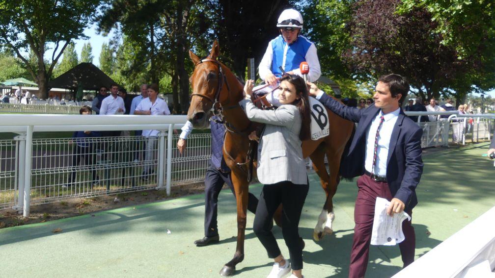 Maxime Guyon and Hidaka return to the Deauville winners' enclosure after the Arqana Prix de la Reboursiere for unraced fillies
