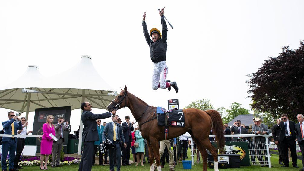 Frankie Dettori flies off the back of Stradivarius after the pair's victory in last year's Yorkshire Cup