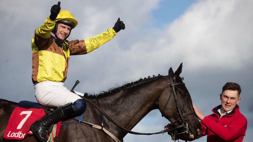 Paul Townend celebrates after Galopin Des Champs landed the Ladbrokes Novice Chase