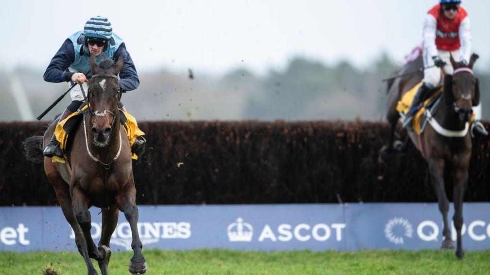 Riders Onthe Storm (Sam Twiston-Davies, left) winning his graduation chase from On The Blind Side at Ascot in December