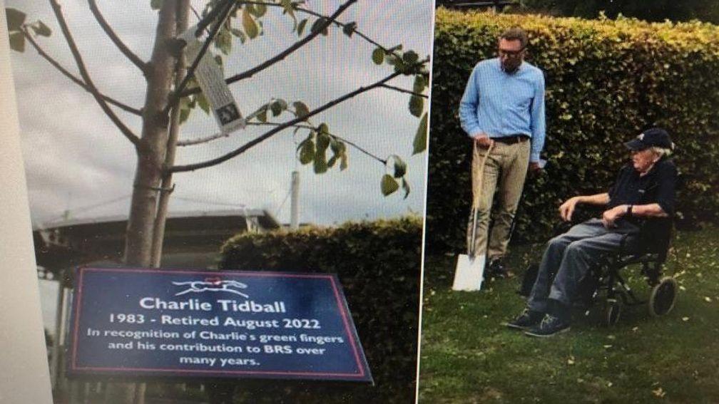 Charlie 'Mucker' Tidball at the planting of a tree in his honour in September and (left) the commemorative plaque at the British Racing School