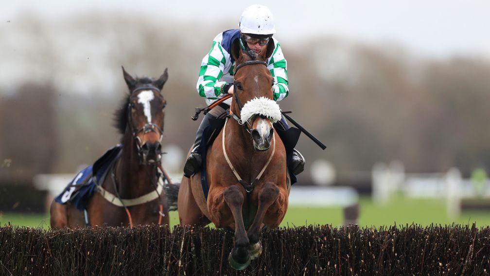UTTOXETER, ENGLAND - FEBRUARY 21: Exelerator Express ridden by Sean Bowen jumps the last on the way to winning the Call Star Sports On 08000 521 321 Novices' Handicap Chase at Uttoxeter racecourse on February 21, 2021 in Uttoxeter, England. (Photo by Mike