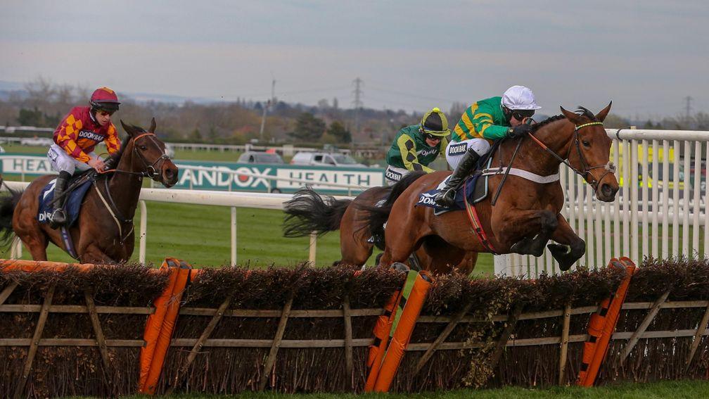Champ jumps the last clear to land the Sefton Novices' Hurdle