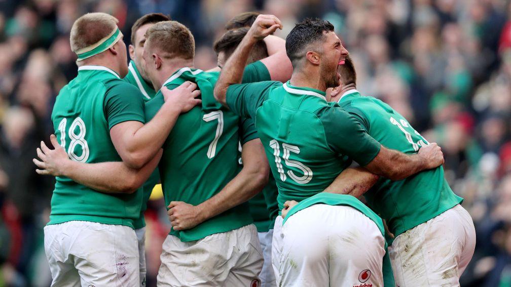 Ireland celebrate Jacob Stockdale's second try against Wales