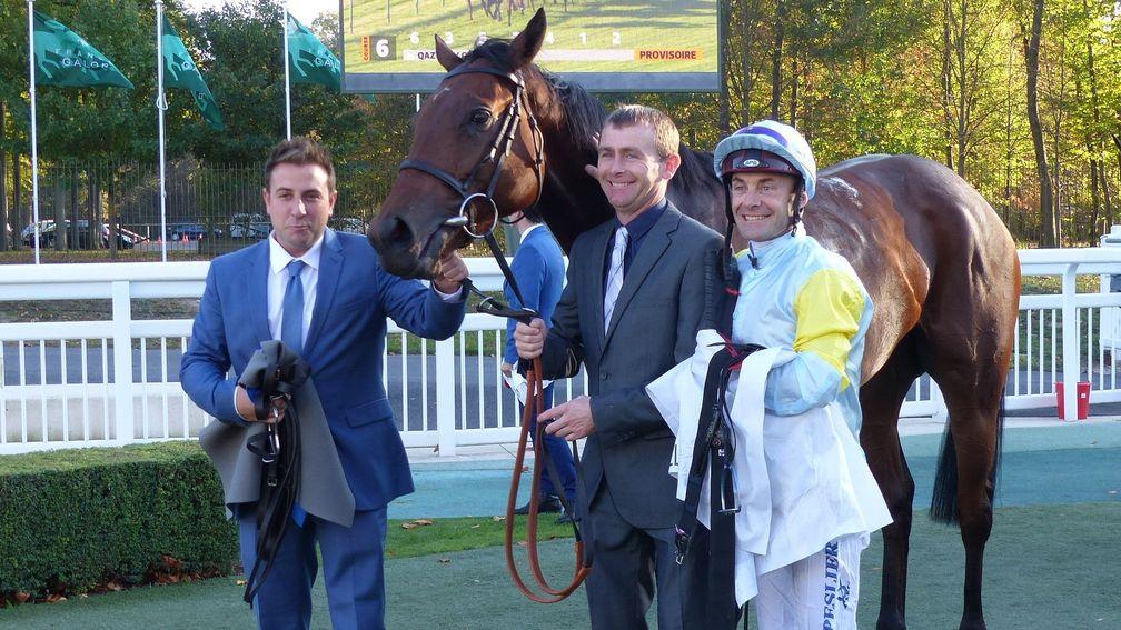 Qazyna and Olivier Peslier after landing the Listed Prix Casimir Delamarre at Chantilly for Roger Varian and Nurlan Bizakov
