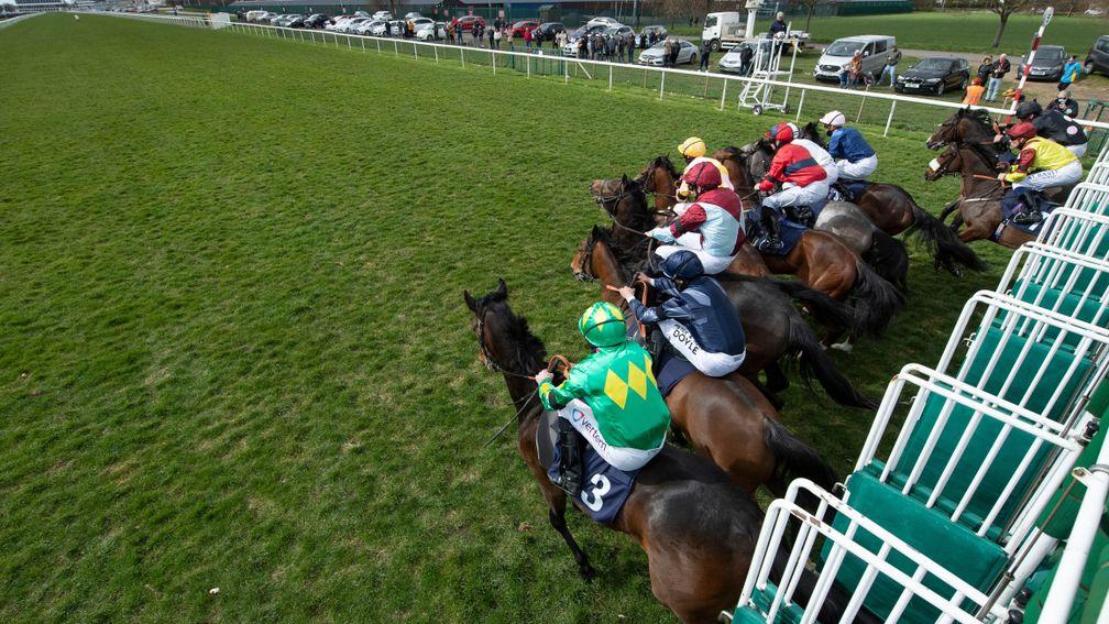 The runners in the Brocklesby Conditions Stakes, first race of the British turf season break from the stalls.Doncaster 27.3.21 Pic: Edward Whitaker/Racing Post