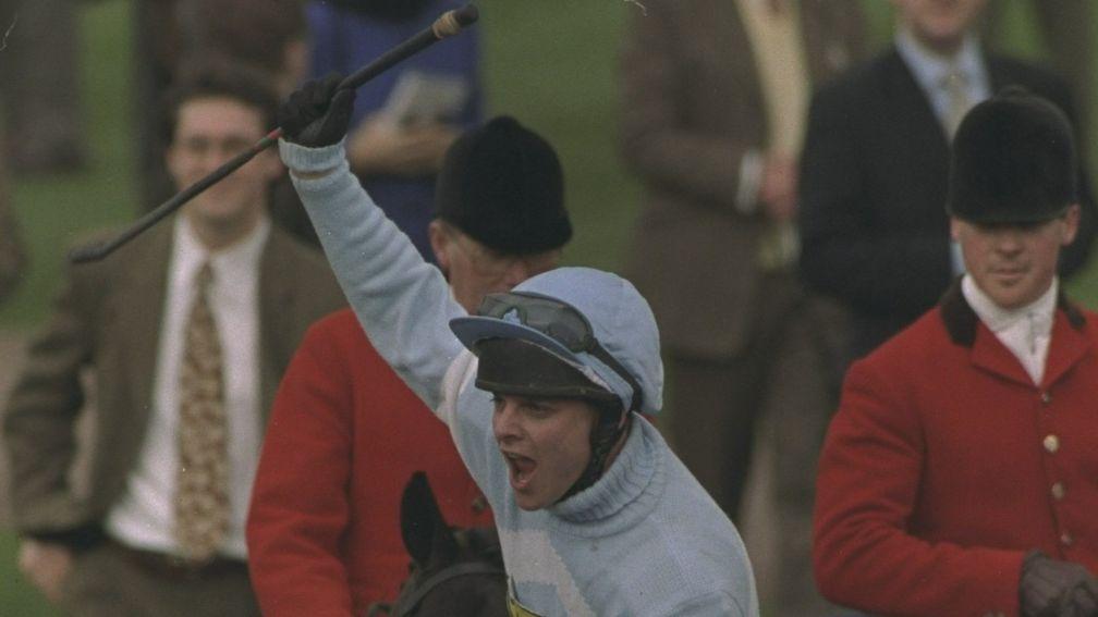 Rodney Farrant celebrates on Martha's Son after winning the Queen Mother Champion Chase