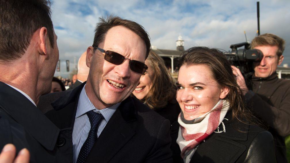 Sheer delight: Aidan O’Brien, with daughter Ana O’Brien by his side, beams with joy in the immediate aftermath to Saxon Warrior’s success