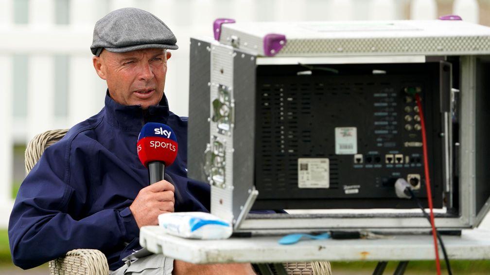 BATH, ENGLAND - AUGUST 06: Presenter Luke Harvey hard at work for Sky Sports Racing at Bath Racecourse on August 06, 2020 in Bath, England. Owners are allowed to attend if they have a runner at the meeting otherwise racing remains behind closed doors to t