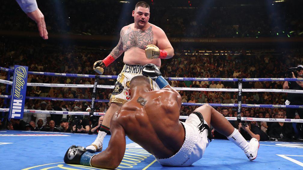 Andy Ruiz jnr knocks down Anthony Joshua in the third round of their IBF/WBA/WBO heavyweight title fight at Madison Square Garden