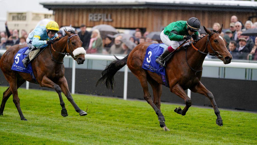 CHESTER, ENGLAND - MAY 04: Laura Pearson riding Absolutelyflawless win The ICM Stellar Sports Lily Agnes Conditions Stakes at Chester Racecourse on May 04, 2022 in Chester, England. (Photo by Alan Crowhurst/Getty Images)
