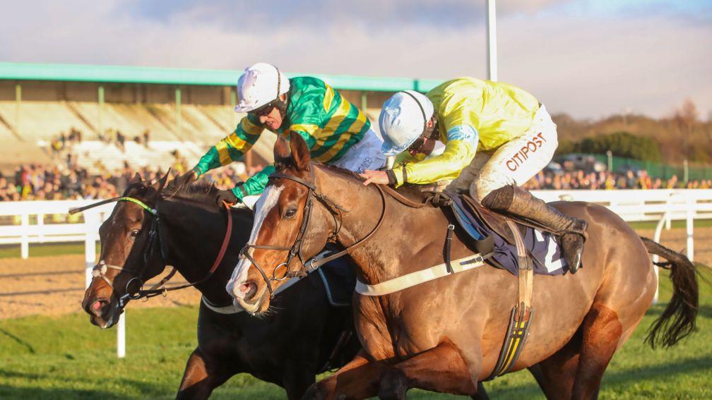 Cornerstone Lad (Henry Brooke, nearside) digs deep to deny Buveur D'Air (Barry Geraghty) a third successive win in Newcastle's Betfair Fighting Fifth Hurdle