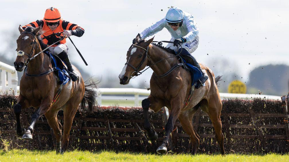 Jade De Grugy and Paul Townend (right) alongside third-placed Jetara in the Honeysuckle Mares' Novice Hurdle at Fairyhouse