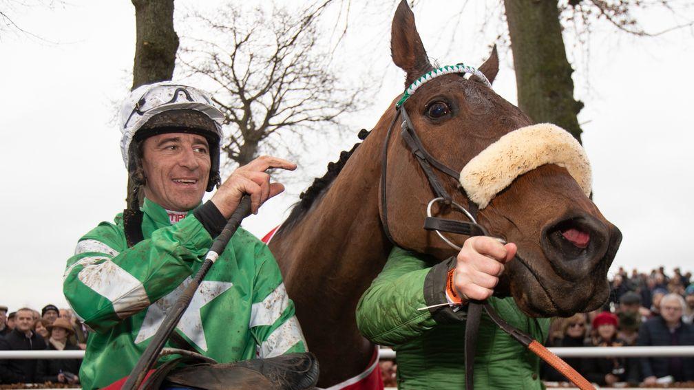 Presenting Percy: with jockey Davy Russell after winning the John Mulhern Galmoy Hurdle at Gowran Park in 2019