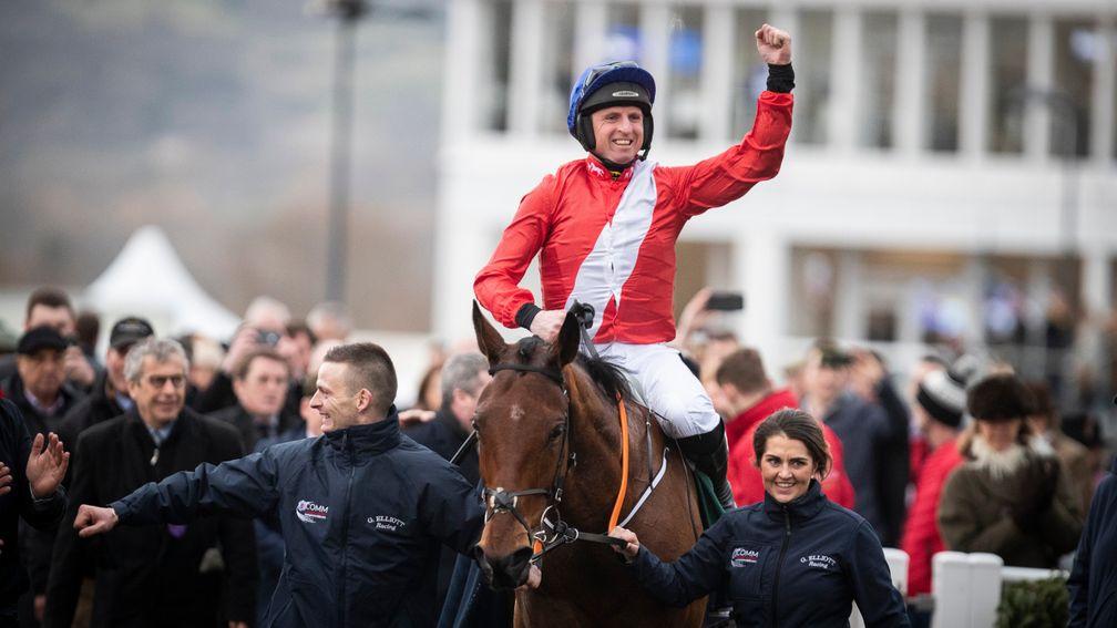 Jamie Codd celebrates winning the 2019 Champion Bumper on Envoi Allen - but he won't be riding at the meeting this year