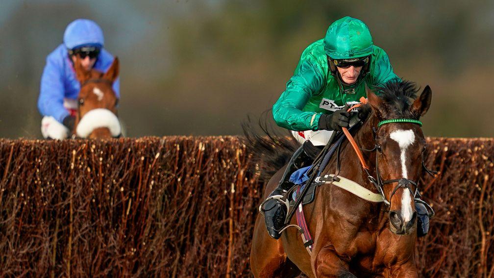 WINCANTON, ENGLAND - DECEMBER 15: Daryl Jacob riding Messire des Obeaux clear the last to win The Like Racing TV On Facebook Novices' Limited Handicap Chase at Wincanton Racecourse on December 15, 2020 in Wincanton, England. Owners and a limited number of