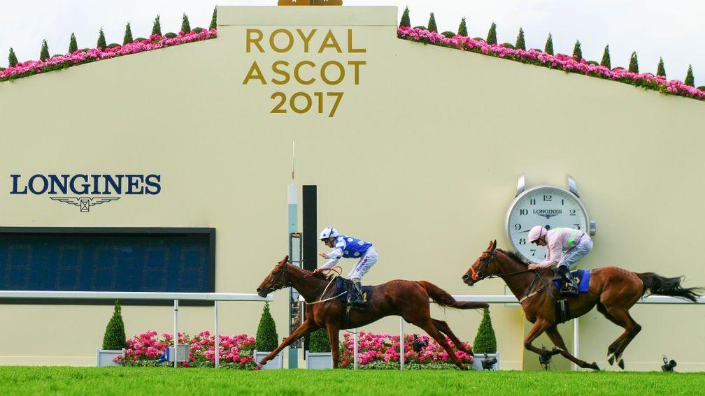 Royal repeat: Oriental Fox and Joe Fanning beat Ascot Stakes winner Thomas Hobson to win last month's Queen Alexandra Stakes, a race they had also claimed in 2015