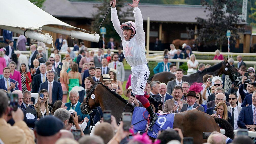 Frankie Dettori celebrates after riding Absurde to win the Sky Bet Ebor on his final day at York