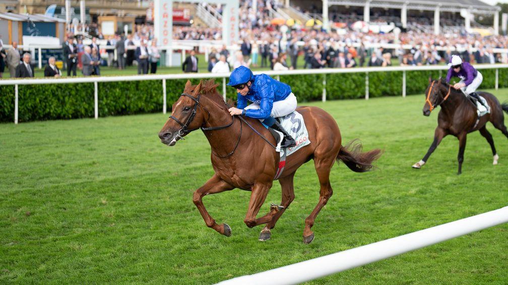 Hurricane Lane and William Buick win the St LegerDoncaster 11.9.21 Pic: Edward Whitaker