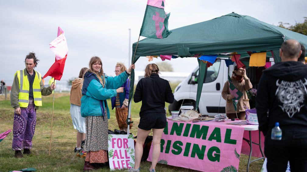 Animal Rising activists in the official protest area at Epsom racecourse