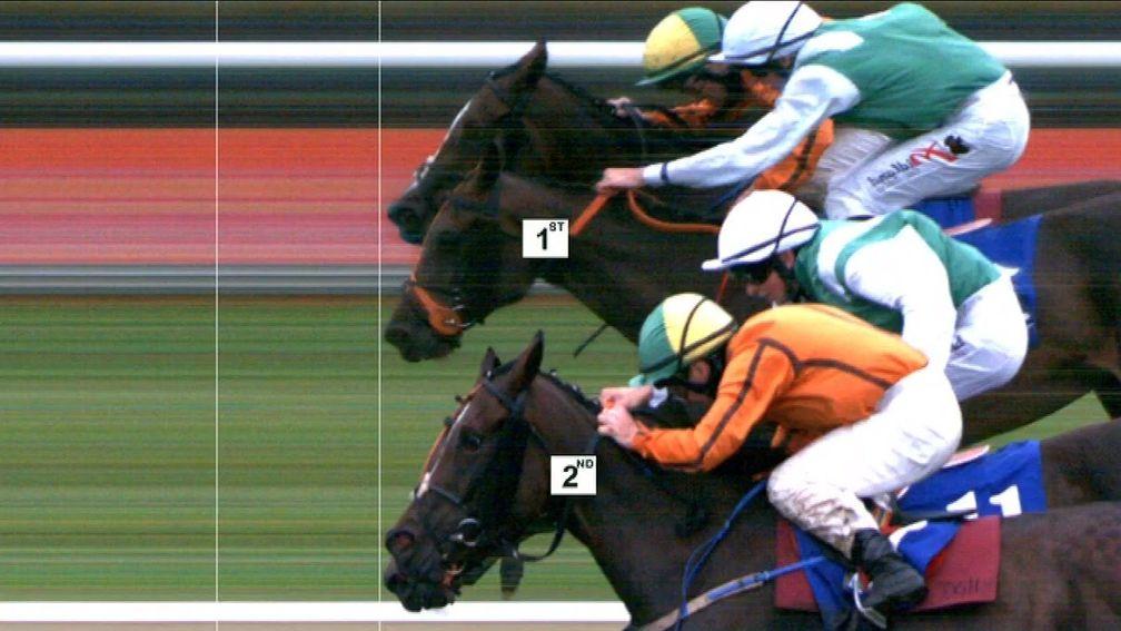 Tight call: Getaway Queen (white cap) was deemed to have got the better of Dream Point (orange) at Tramore on Saturday