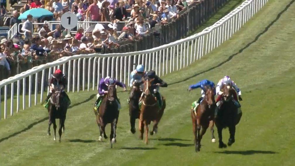 Mawj and Ray Dawson (blue silks) impede eventual runner-up Lezoo (right) at Newmarket