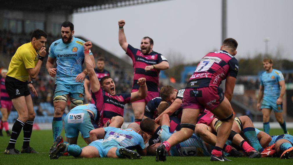 Gloucester celebrated a shock victory at Exeter in round three