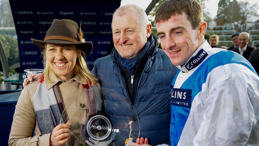 Ruth Jefferson with owner Richard Collins and jockey Brian Hughes after  Waiting Patiently's win in the Betfair Ascot Chase in February