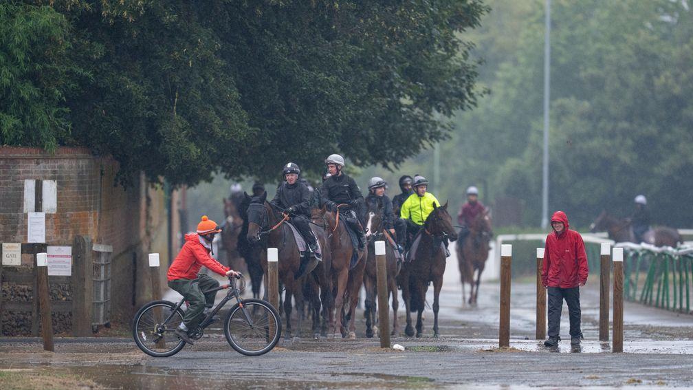 Torrential rain along with with thunder and lightning hits Newmarket as Roger Varian's string walk through the floods at the bottom of Warren Hill Newmarket 25.8.22 Pic: Edward Whitaker