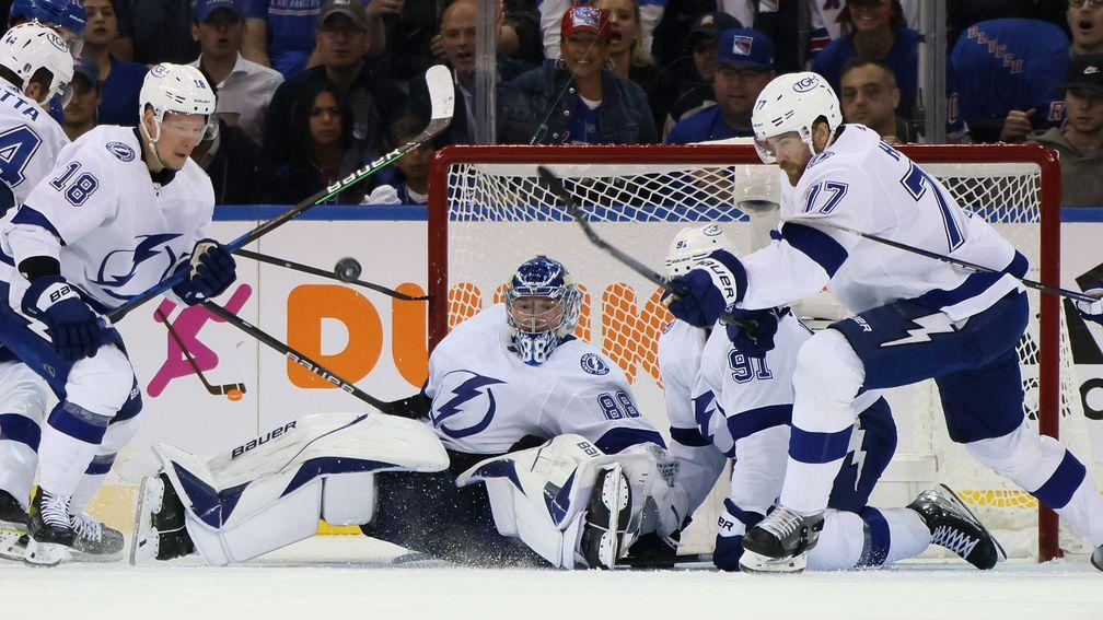 Tampa Bay Lightning defend their net during the NHL Eastern Conference final