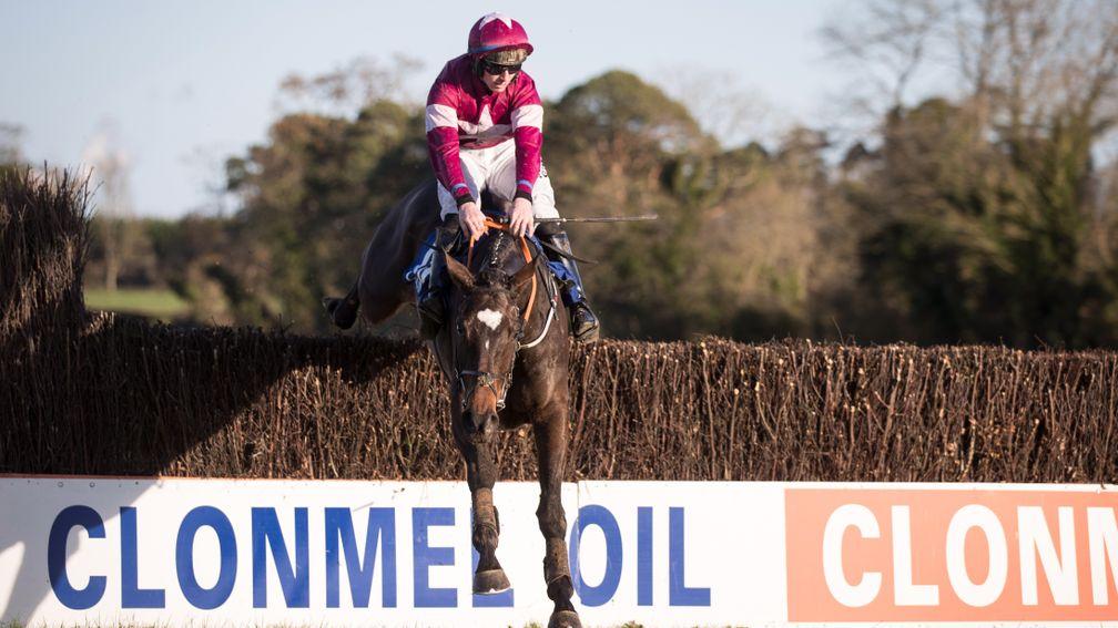 Dinaria Des Obeaux and Jack Kennedy jump the last en route to winning the Listed mares chase at Clonmel.