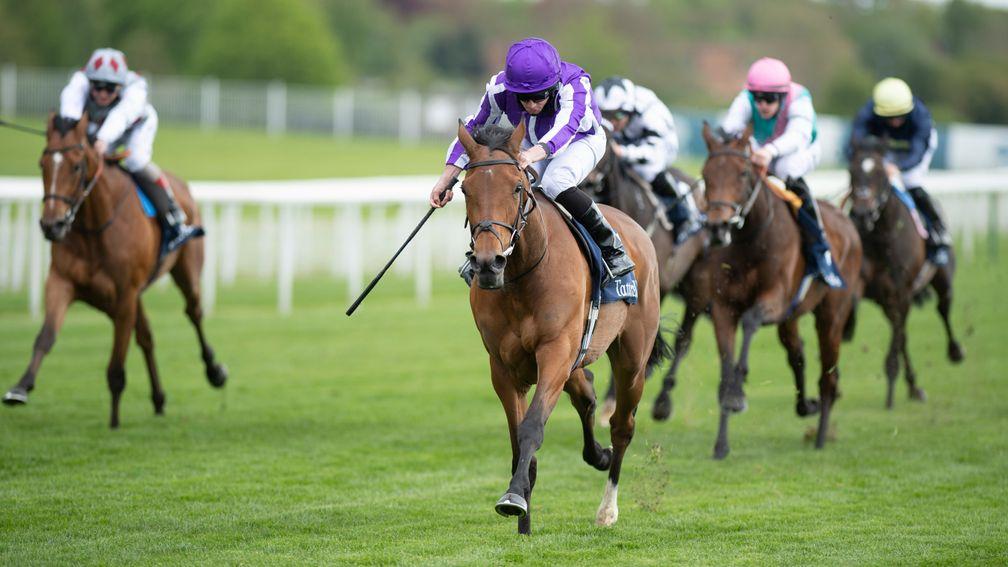 Snowfall (purple) was allowed to dominate the Musidora Stakes under Ryan Moore
