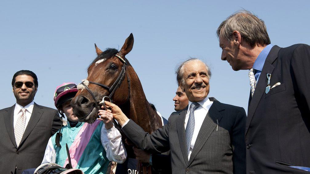 Khalid Abdullah and Sir Henry Cecil exchange words of delight following Frankel's 2,000 Guineas success in 2011