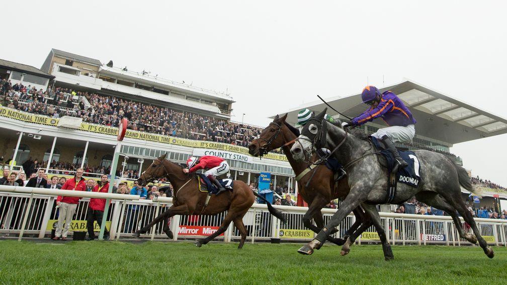 The New One (far side) just holds on in a thrilling finish in the Aintree Hurdle