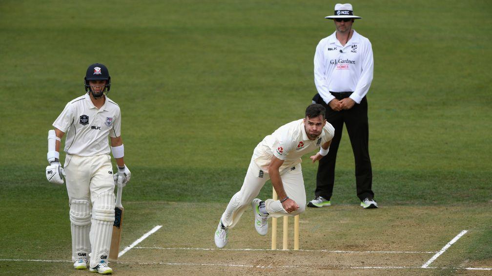 England bowler James Anderson in action against New Zealand Cricket XI
